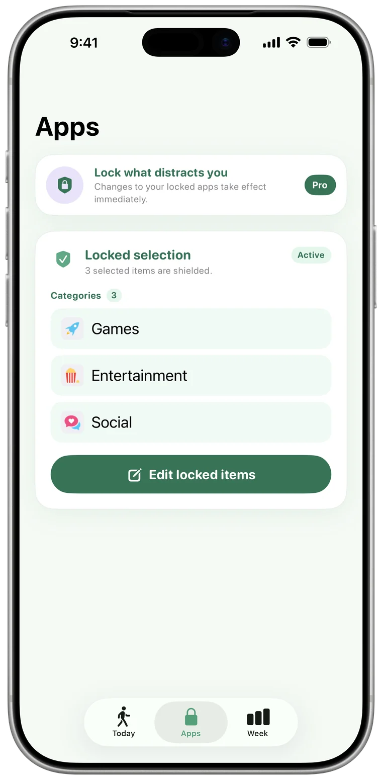 Stride's Apps screen, where you choose which apps and categories to lock