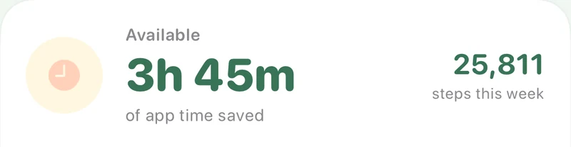 Stride's time bank card: 3h 45m of app time saved, 25,811 steps this week