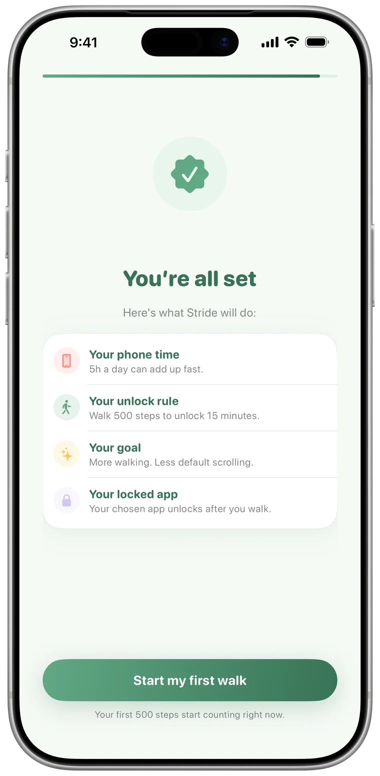 Stride onboarding: You're all set, with your unlock rule of 500 steps for 15 minutes