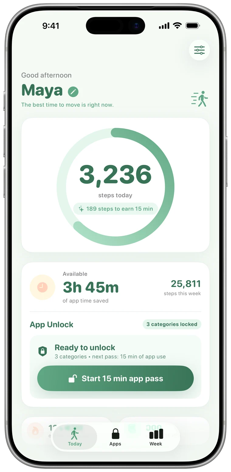 Stride's Today screen with the step ring, the time bank and the Start 15 min app pass button