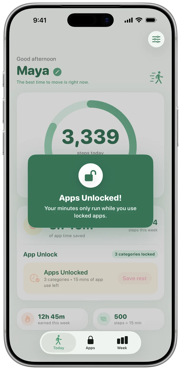 Stride showing Apps Unlocked: your minutes only run while you use locked apps