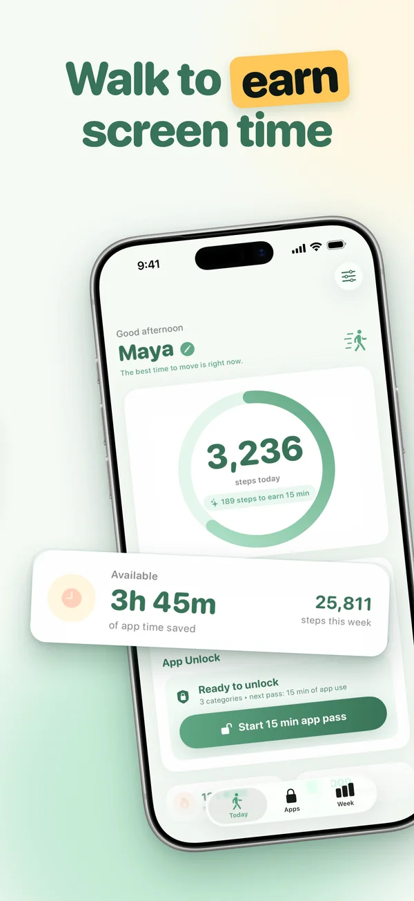 Walk to earn screen time: the Today screen and time bank