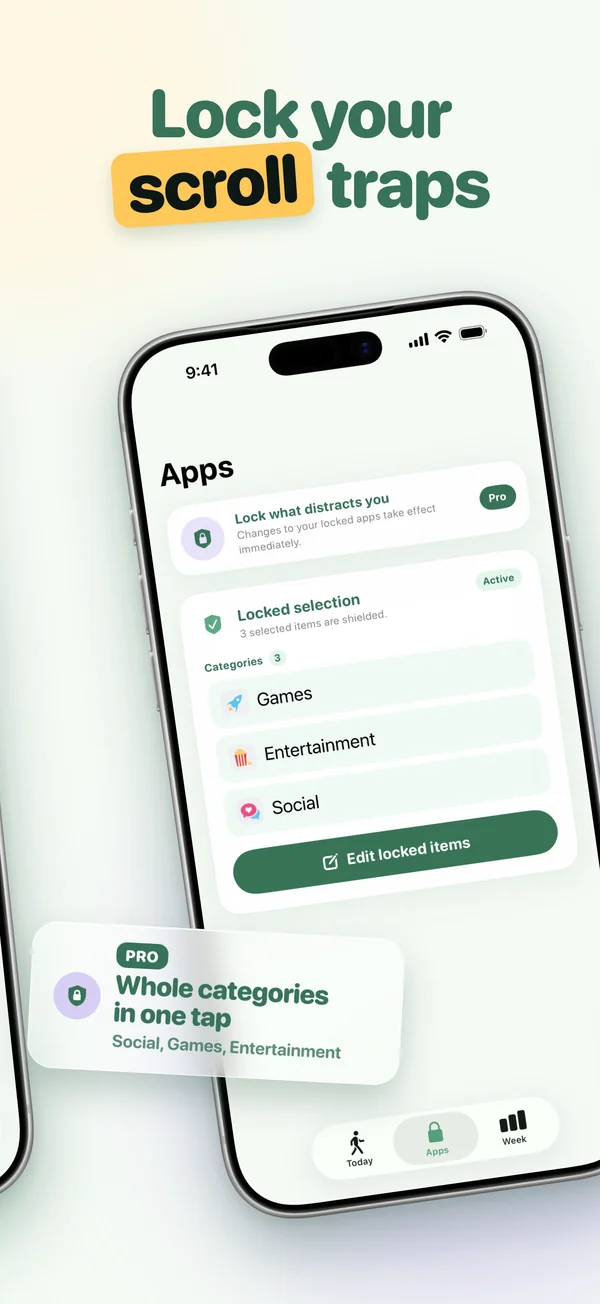 Lock your scroll traps: whole categories locked with Pro