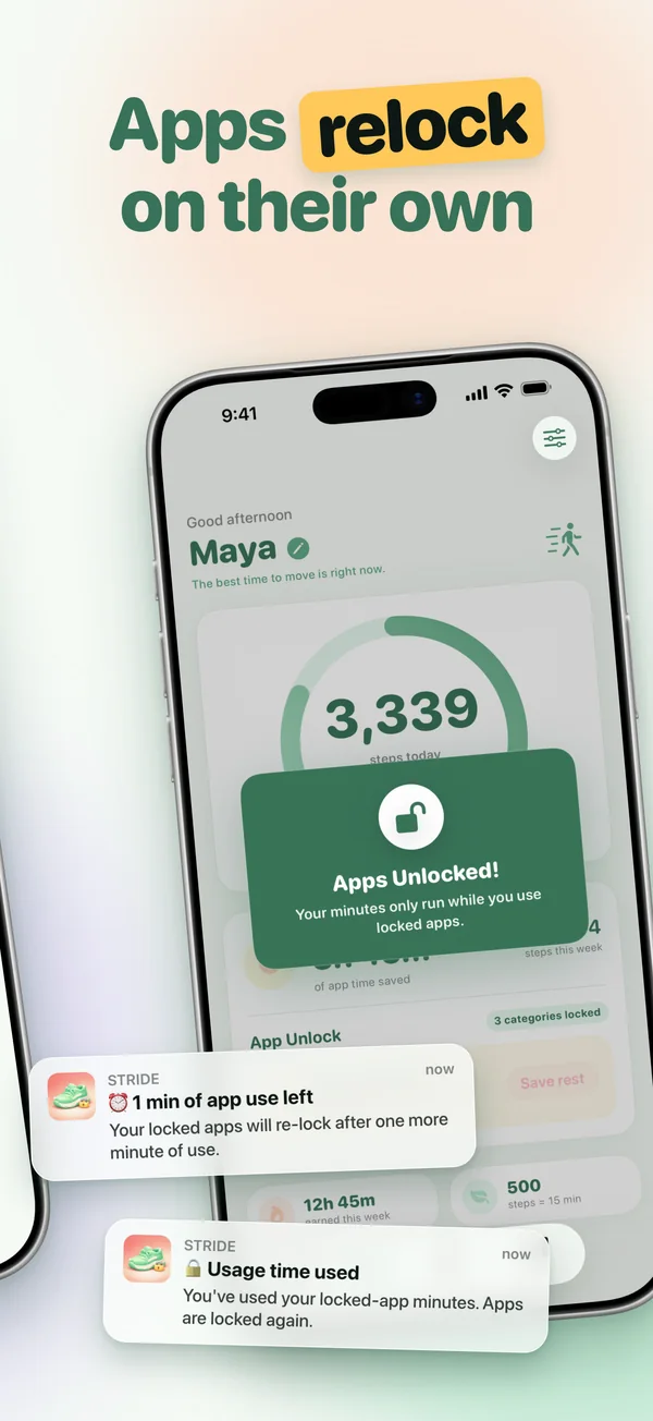 Apps relock on their own, with real Stride notifications